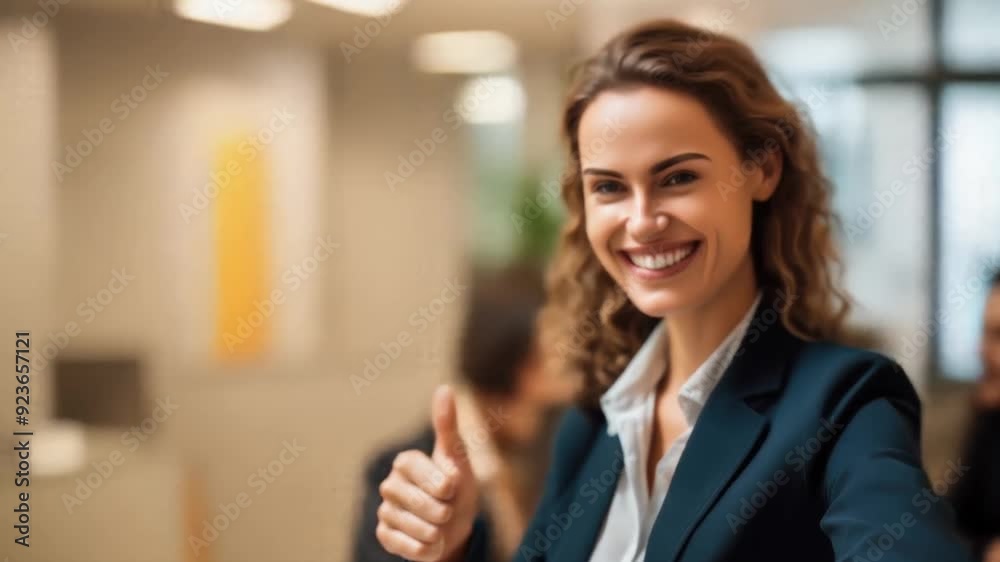 Smiling businesswoman showing thumbs up with colleagues in background at office. Smiling businesswoman showing thumbs up with colleagues in background at office.