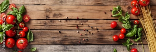 An arrangement of fresh vegetables and spices displayed on a rustic wooden table, presenting a rustic culinary theme.