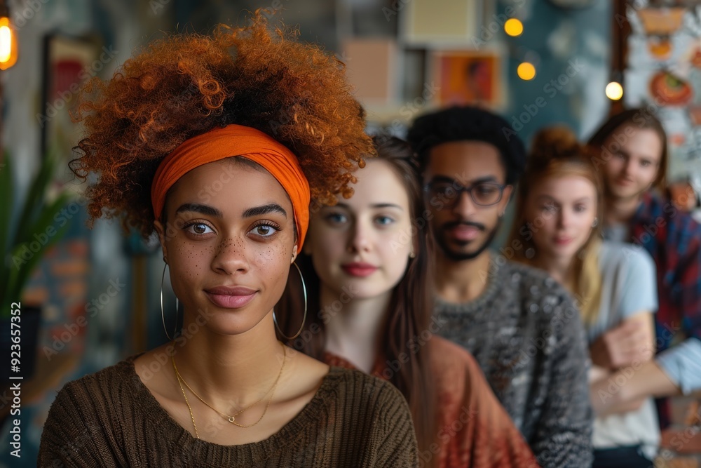 Fototapeta premium A diverse group of five young friends poses together indoors, showcasing their unity, diversity, and friendship in a brightly lit social environment.