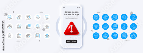 Cyber attack, Face biometrics and Business skill line icons. Phone mockup with 3d danger icon. Pack of Cv documents, Best buyers, Security agency icon. Vector