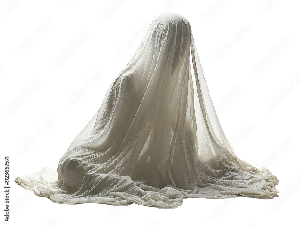 Ghostly Figures Draped in Flowing White Sheets cut out transparent isolated on white background PNG
