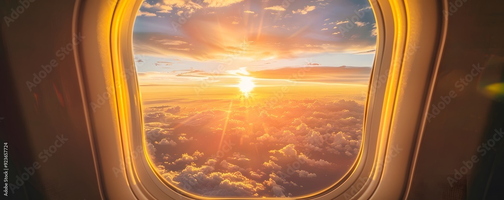 Airplane Window View of Golden Sunset Over Clouds