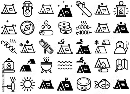 Set Of Camping Isolated Silhouette Solid Icons With Outdoors,Nature,Camp,Campground,Camping Solid Icon Collection. Vector Illustration