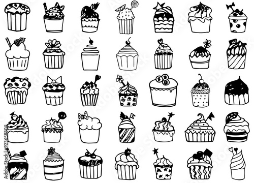 A Collection Of Cake Isolated Silhouette Solid Icons With Sketch,Food,Bakery,Cake,Cupcake Simple Black Style Symbol Sign For Apps And Website, Vector Illustration