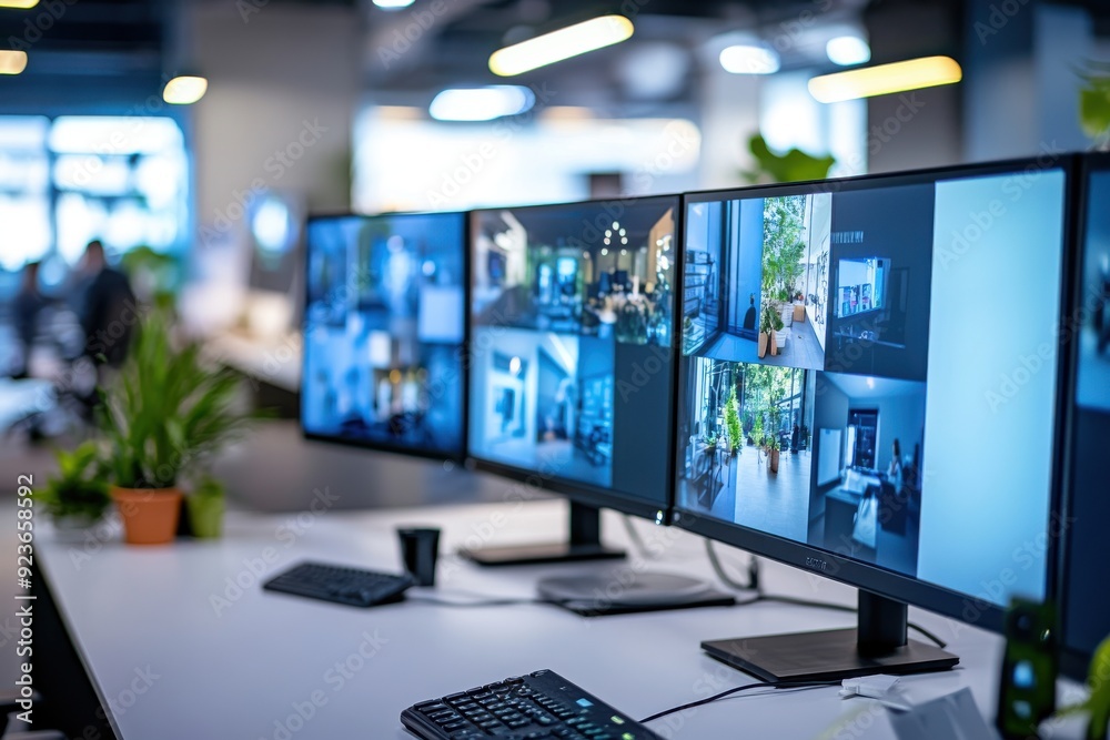 Fototapeta premium Multiple surveillance monitors in a modern office, displaying various live security feeds