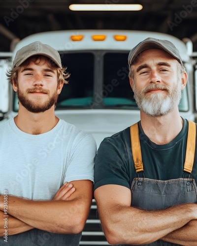 Father and Son Starting a Trucking Company,Satisfied Business Partners Stand in Front of their Heavy-Duty Semi-Truck