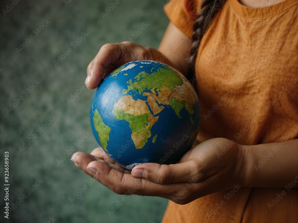 This image shows a person holding a globe in his hand, showing the continents of the world, against a green background and the person wearing an orange shirt. This image shows a person holding a globe in his hand, showing the continents of the world, against a green background and the person wearing an orange shirt.