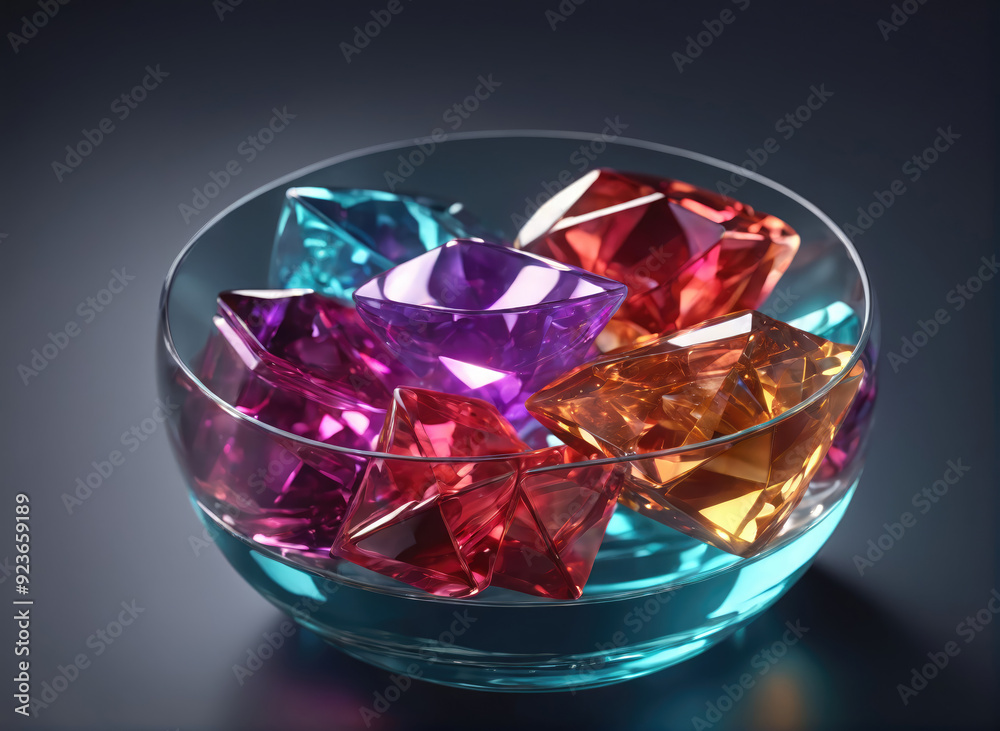 Fototapeta premium Colorful Gemstones Displayed in a Glass Bowl on a Dark Surface