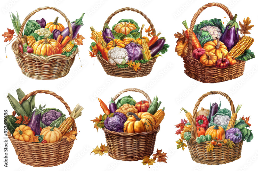 Six Wicker Baskets Overflowing with Autumn Harvest Vegetables Six Wicker Baskets Overflowing with Autumn Harvest Vegetables