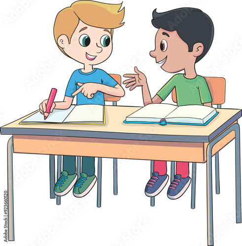 boy borrows a pencil from a friend in the school desk