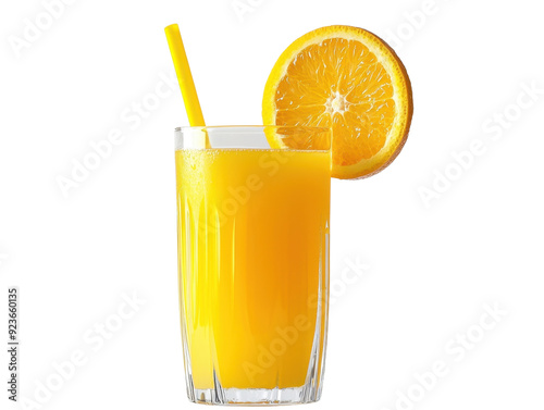 A glass of freshly squeezed orange juice with a slice of orange on the rim cut out transparent isolated on white background PNG file