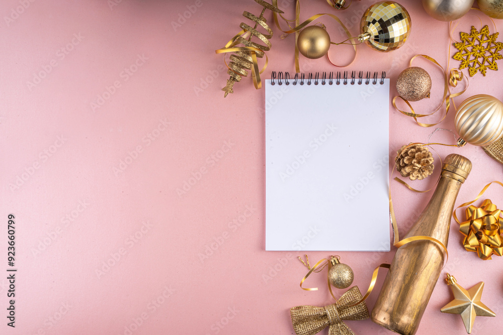 Notebook with New's Year Resolutions, To Do list, wishlist, with Christmas ornaments and decor. New Year goals List, plan of new year beginnings goals and resolutions setting. Flat lay copy space Notebook with New's Year Resolutions, To Do list, wishlist, with Christmas ornaments and decor. New Year goals List, plan of new year beginnings goals and resolutions setting. Flat lay copy space