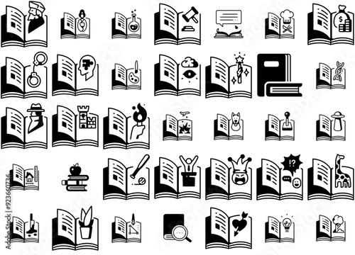 A Collection Of Book Genres Icons Collection Isolated Silhouette Solid Icons Including Book,Education,Knowledge,Story,Read Simple Black Style Symbol Sign For Apps And Website, Vector Illustration