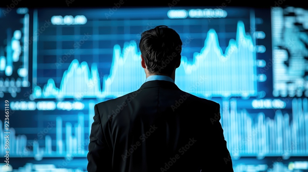 Businessman monitoring stock market data on multiple screens, analyzing financial trends and making decisions based on analytics. Businessman monitoring stock market data on multiple screens, analyzing financial trends and making decisions based on analytics.