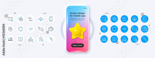 Shield, Tool case and World communication line icons. Phone mockup with 3d star icon. Pack of Smile, Car charging, Voting ballot icon. Vector