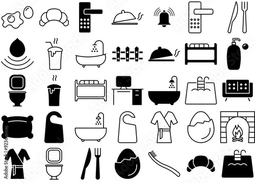 Mega Set Of Vector Bed And Breakfast Isolated Silhouette Solid Icons With Hotel,Pastry,Bathroom,Breakfast,Hanger Business Infographic Elements Logo Vector Illustration