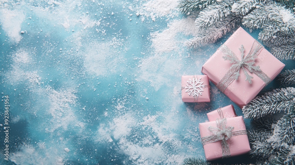 Three pink christmas presents adorned with silver ribbon and snowflakes are lying on a dusty blue surface with snow and fir branches