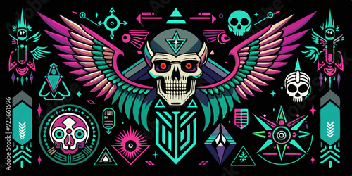 Neo tribal gothic tattoo set, retro futuristic cyber symmetry shapes, vector dark y2k wings, bones. Metal music cover print, alien surreal illustration, skull, stars grunge clipart. Neo tribal symbol