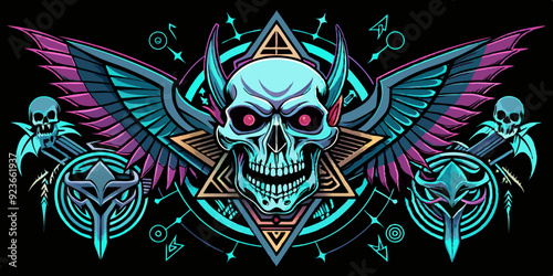 Neo tribal gothic tattoo set, retro futuristic cyber symmetry shapes, vector dark y2k wings, bones. Metal music cover print, alien surreal illustration, skull, stars grunge clipart. Neo tribal symbol