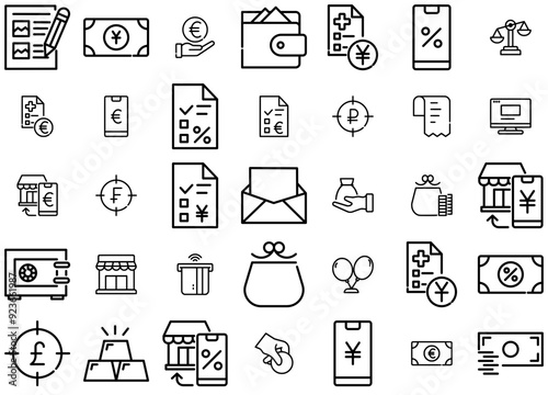 Set Of Linear Bank Icons Web Header Banner Design Containing Currency,Profit,Money,Payment,Cash Simple Black Style Symbol Sign For Apps And Website, Vector Illustration