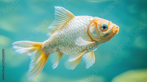 A charming photograph showcasing a close-up of a graceful goldfish swimming in clear water, highlighting the delicate beauty and peaceful nature of aquatic life. photo