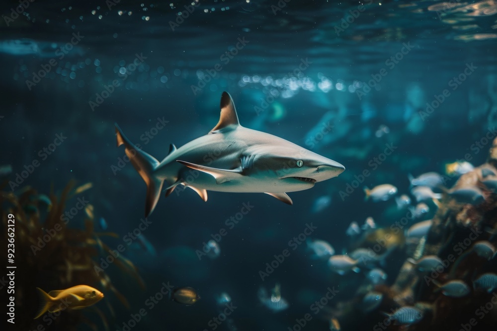 Fototapeta premium Graceful shark swimming in the deep ocean with fish. Nature concept. Underwater photography that captures the dark beauty of marine life. Generative AI