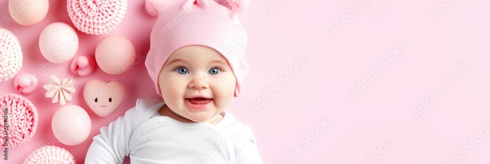 Adorable baby in a cute pink hat surrounded by soft toys and decorations, lying on a pink background, smiling happily. Adorable baby in a cute pink hat surrounded by soft toys and decorations, lying on a pink background, smiling happily.
