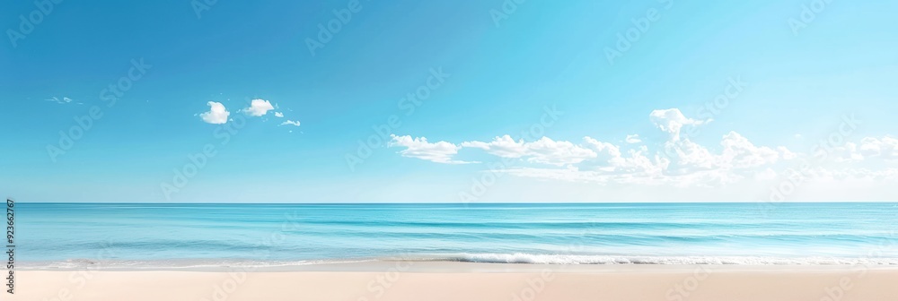 Obraz premium Serene beach with clear blue sky and calm ocean waves, perfect for relaxation and summer vacations.