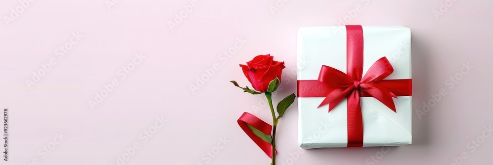 Elegant gift box with red ribbon and red rose on a pink background. Perfect for romantic, special occasions and celebratory themes. Elegant gift box with red ribbon and red rose on a pink background. Perfect for romantic, special occasions and celebratory themes.