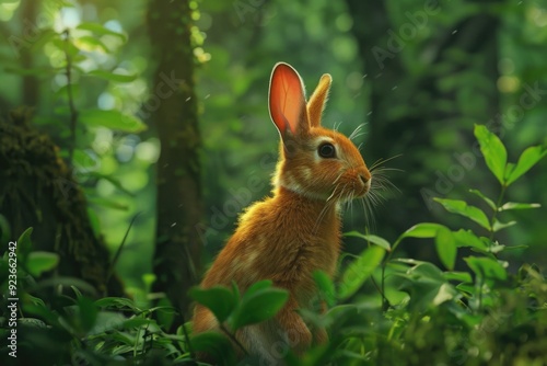 Spring baby rabbit in lush green forest.