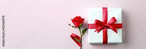 Elegant gift box with red ribbon and red rose on a pink background. Perfect for romantic, special occasions and celebratory themes.