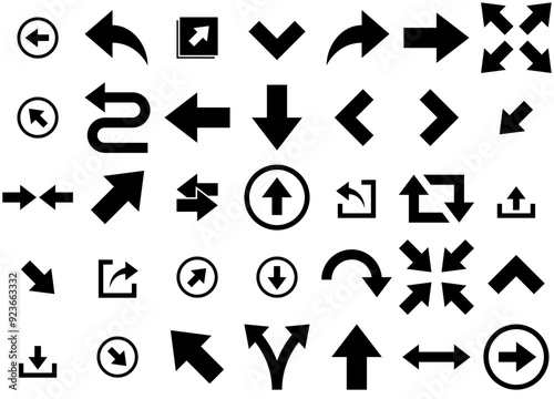 Mega Set Of Vector Arrows And Directions Glyph Isolated Silhouette Solid Icons With Left,Up,Direction,Right,Arrow Business Infographic Elements Logo Vector Illustration