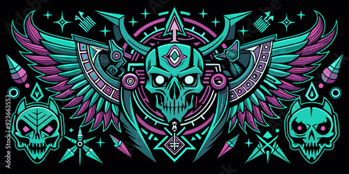 Neo tribal gothic tattoo set, retro futuristic cyber symmetry shapes, vector dark y2k wings, bones. Metal music cover print, alien surreal illustration, skull, stars grunge clipart. Neo tribal symbol