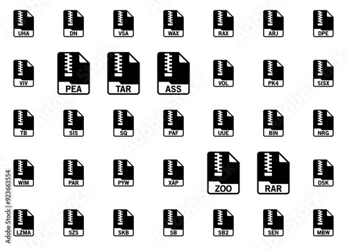 Set Of Linear Archive Compressed File Format Isolated Silhouette Solid Icons With Document,File,Format,Dmg,Extension Vector Icon Set Linear Pictogram Pack