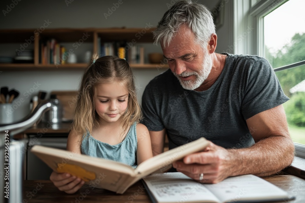 A grandfather and his granddaughter share a heartwarming moment reading a storybook together at a wooden table by the window, fostering love and imagination. A grandfather and his granddaughter share a heartwarming moment reading a storybook together at a wooden table by the window, fostering love and imagination.