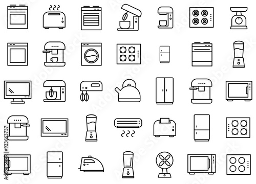 A Collection Of Appliances Vector Symbols Apps, Websites Ui Designs Suitable For Cooking,Electronics,Kitchen,Appliance,Appliances Outline Icons Collection. Simple Vector Illustration