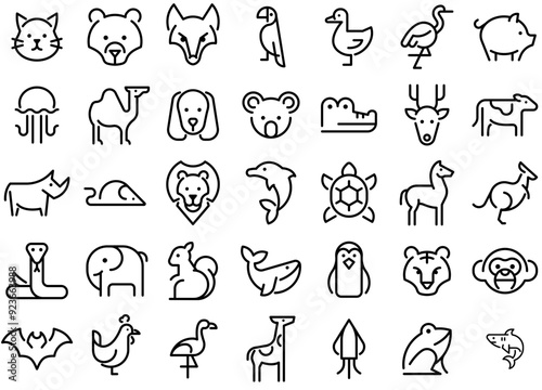 Set Of Linear Animal Outline Minimal Icons Web Header Banner Design Containing Zoo,Animal,Wildlife,Sea,Predator Vector Illustration Linear Pictogram Pack