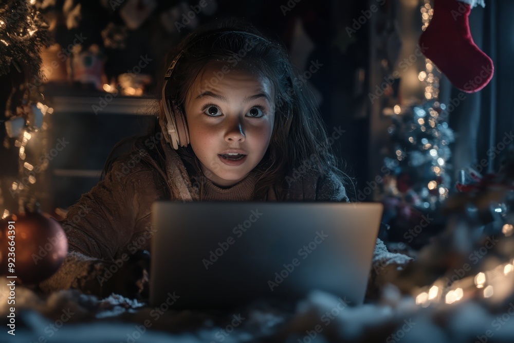 A young girl, surrounded by festive lights and decorations, intently watches something on her laptop at night, encapsulating a moment of wonder and curiosity. A young girl, surrounded by festive lights and decorations, intently watches something on her laptop at night, encapsulating a moment of wonder and curiosity.