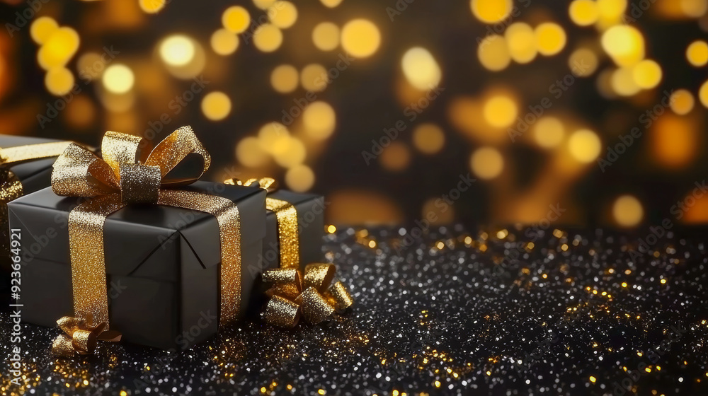 Elegant Black Friday Gift Boxes with Gold Ribbon on Sparkling Background