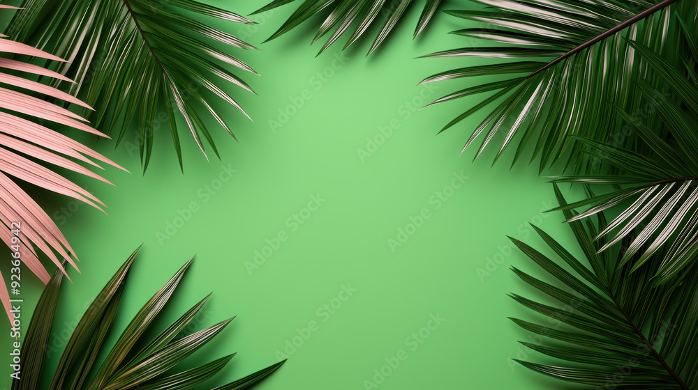 Tropical green and pink palm leaves frame a vibrant green background. Perfect for a summer, vacation, or nature themed design or presentation. Tropical green and pink palm leaves frame a vibrant green background. Perfect for a summer, vacation, or nature themed design or presentation.