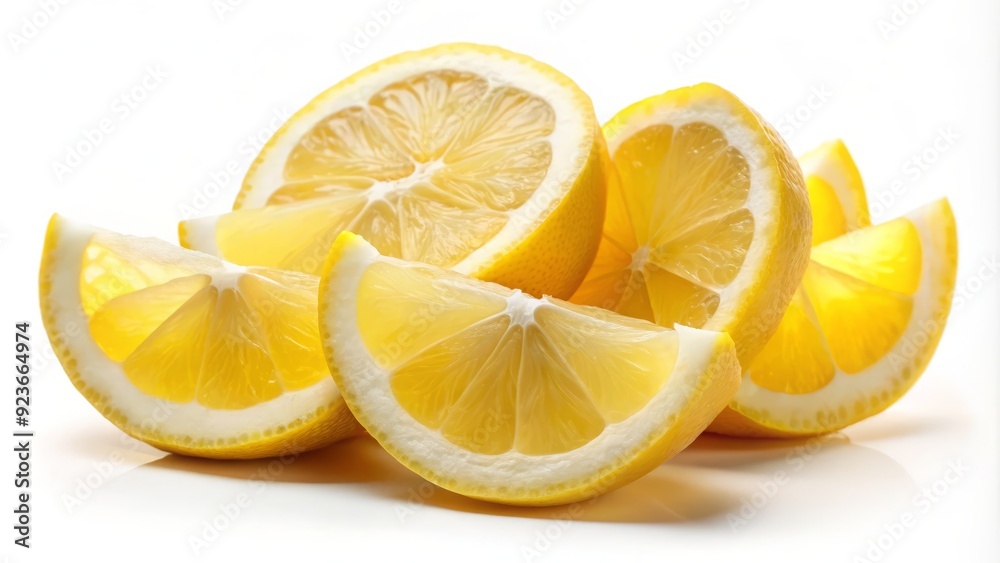 Freshly cut lemon wedges on a white background, showcasing vibrant yellow color and slightly rounded edges, perfect for garnishing cocktails or adding a burst of citrus flavor. Freshly cut lemon wedges on a white background, showcasing vibrant yellow color and slightly rounded edges, perfect for garnishing cocktails or adding a burst of citrus flavor.