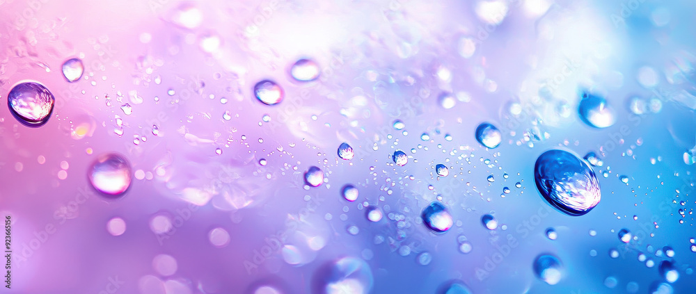 This vibrant image displays water droplets delicately placed on a gradient background of pastel hues, creating a refreshing and visually soothing scene.
