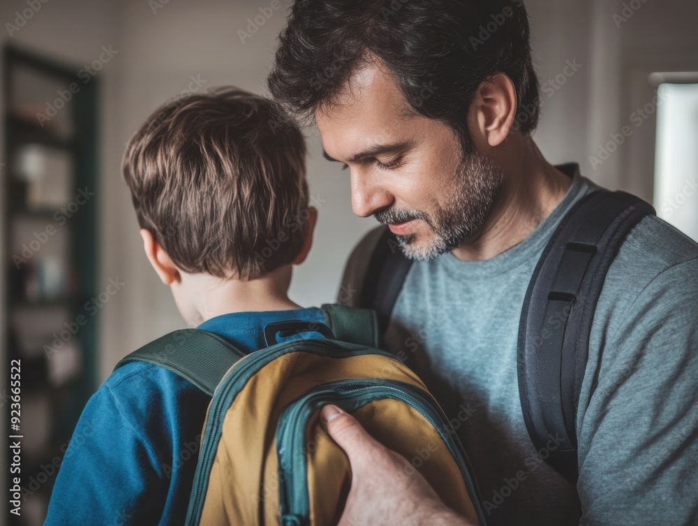Obraz premium A touching image of a caucasian father and son bonding as they get ready to leave home, showcasing a strong family connection.