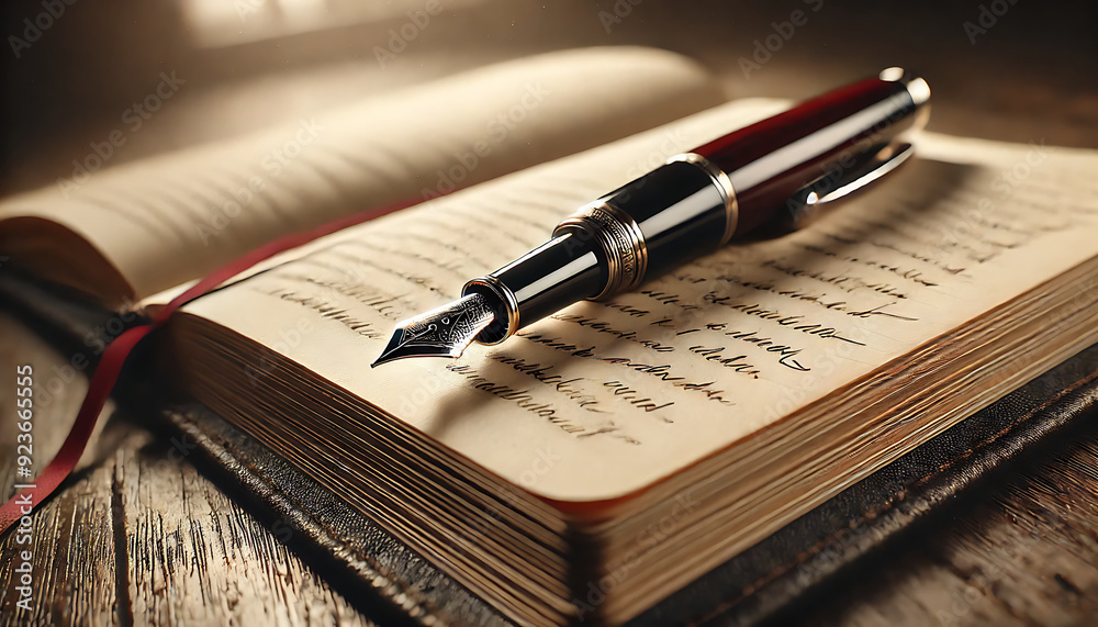 Fototapeta premium Vintage Fountain Pen Resting on Open Journal 