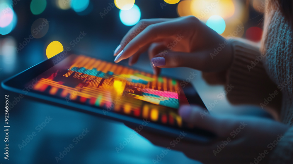 Close-up of female hands engaging with a tablet that shows a vibrant, glowing business chart on a softly blurred background. Ai generated Close-up of female hands engaging with a tablet that shows a vibrant, glowing business chart on a softly blurred background. Ai generated