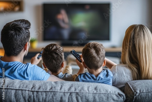 A joyful family enjoying movie night together on a cozy couch. They bond over shared moments. This image captures love and togetherness beautifully. Generative AI