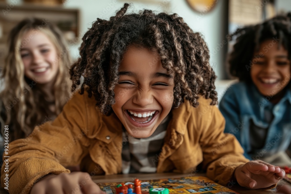 Fototapeta premium A trio of kids with beaming smiles enjoy a board game together, capturing the essence of fun, laughter, and companionship in a warm, family-friendly environment.