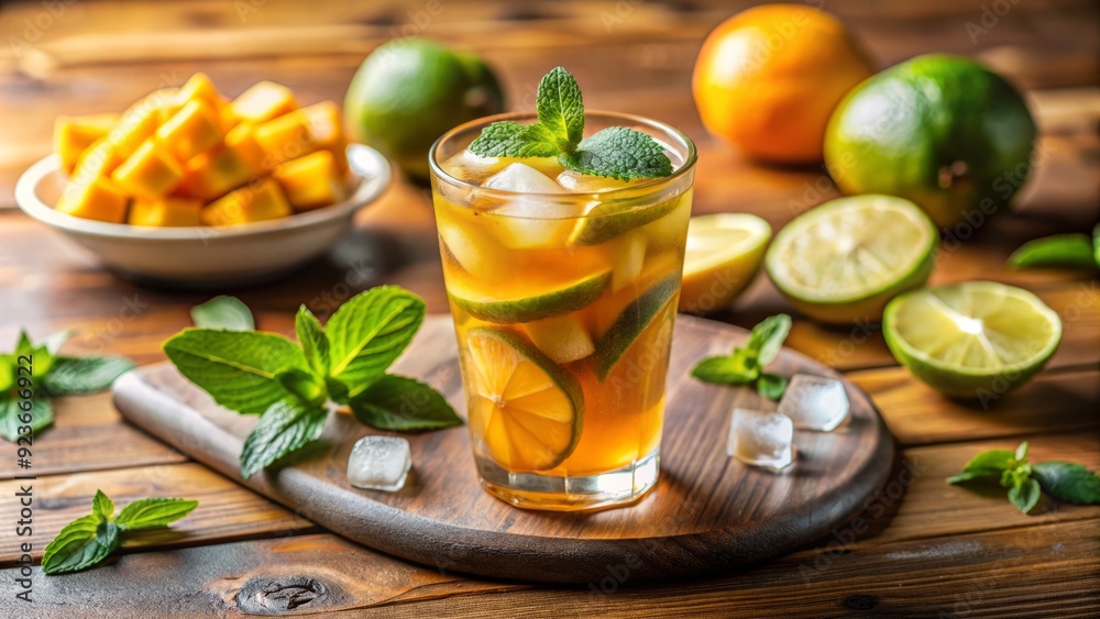 Freshly sliced mango floating in a refreshing glass of iced tea, garnished with a sprig of mint and a slice of lime on a sunny summer day.