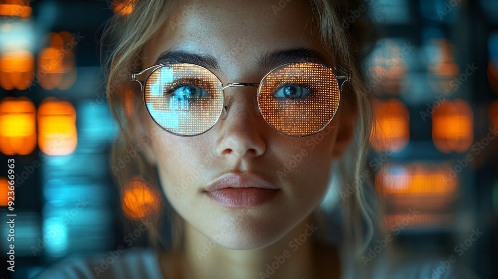 A young woman, wearing unique glasses, gazes intently into the distance, surrounded by vibrant, illuminated patterns of technology A young woman, wearing unique glasses, gazes intently into the distance, surrounded by vibrant, illuminated patterns of technology