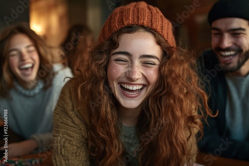 The happiness of a group of friends is beautifully captured, featuring one individual in a beanie enjoying a moment of shared laughter and light-hearted fun.